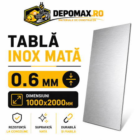 Tabla inox mata AISI 304 2B, 0.6 x 1000 x 2000 mm, 2 mp